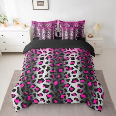 Imagem de jejeloiu Jogo de cama infantil moderno, com efeitos ombré, 7 peças, tamanho solteiro, rosa, leopardo, lençol com lençol para meninos, meninas, adolescentes, cama de guepardo, respirável, macio, leve e
