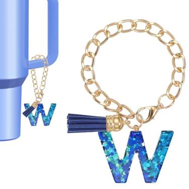 Imagem de Berloque de letras para copo Stanley, lindo pingente inicial W acessórios para chaveiro Stanley Tumbler Handle chaveiro personalizado para mulheres, azul