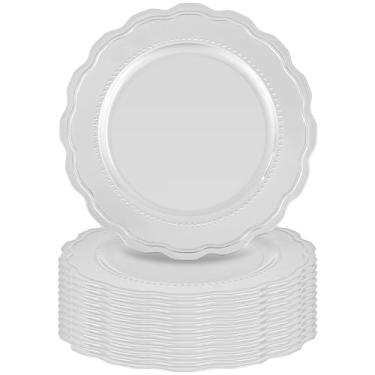 Imagem de Tomeurperf 12 peças de placas de carregamento prateadas a granel 33 cm redondas elegantes carregadores prateados para pratos de jantar, placas de carregamento decorativas de festa de casamento e