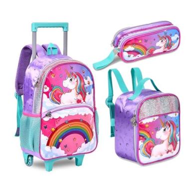 Imagem de Kit Mochila Unicornio Arco Ires Rodinha Lancheira Estojo