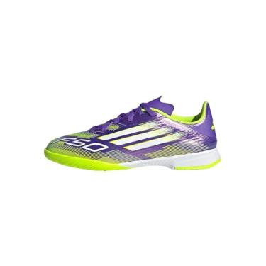 Imagem de adidas Tênis infantil unissex F50 League Indoor, Roxo/branco/limão lúcido, 12 Little Kid