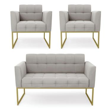 Imagem de Kit 1 Sofá Namoradeira E 2 Poltronas Elisa Veludo Base Metálica Industrial Dourado - D'rossi Cor Cinza