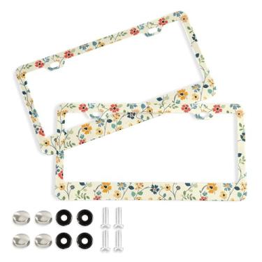 Imagem de SEHANY Molduras de placa de licença de flores florais coloridas, capas de moldura de placa de carro de alumínio à prova de ferrugem com orifícios elípticos e parafusos serve para veículos padrão dos
