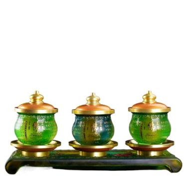 Imagem de FENNYYAR Copo de água benta com base para fazer oferendas a Buda de 3 peças, 10 cm, esmalte colorido, Deus da riqueza, copo de abastecimento de água, ornamento de lótus