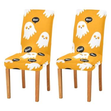 Imagem de JUZIHAI Conjunto de 4 capas de cadeira de Halloween, removíveis, laváveis, Boo Ghosts, capas de assento elásticas para cozinha, sala de jantar, hotel, decoração de banquete