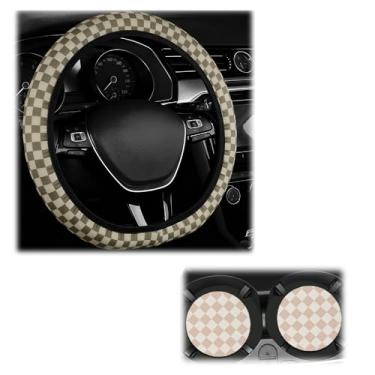Imagem de Capa de volante quadriculada com 2 peças de porta-copos de carro, capa antiderrapante para volante de carro para proteção e decoração, capas de rodas de carros de 36 a 38 cm, acessórios quadriculados