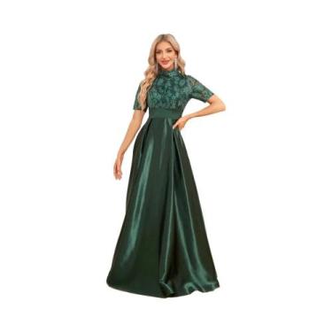 Imagem de Vestido De Festa Verde De Cetim Com Manga Curta Para Mulheres, Comprim