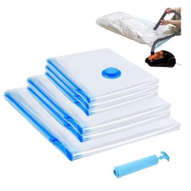 Imagem de 6 sacos de armazenamento a vácuo com bomba manual | Tamanhos 1L + 2M + 3S | Sacos de vedação a vácuo para roupas, edredons e cobertores – Essenciais para casa e viagem