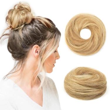 Imagem de TANJET Faixa de borracha elástica para coque de cabelo humano #Honey Golden Highlights Ondulado Rosquinha elástica 100% cabelo humano real para crianças pré-escolares Extensões de rabo de cavalo (#12