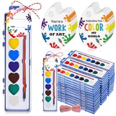 Imagem de Sabary 36 Pack Watercolor Paint Sets for Valentine's Day Gifts 8 Heart Shape Washable Water Color Paints with Gift Card and 20 Meter Red Rope for Valentine School Birthday Present Exchange Graduation