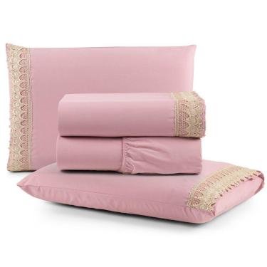 Imagem de Jogo Cama Lençol Haia Queen Percal 200 Fios 100% Algodão Guipir Bordado Inglês 4 Peças - Rosê