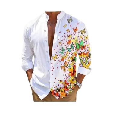Imagem de Camisa Masculina De Manga Longa Com Estampa 3D De Flores, Moda Casual,