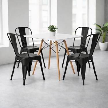 Imagem de Conjunto de Jantar Mesa Quadrada 90cm Branca com 4 Cadeiras Tolix Iron, Preto