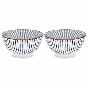 Imagem de Kit 2 Bowls Tigelas Cumbucas Cerâmica 12cm Branco Listras Azul 300ml W