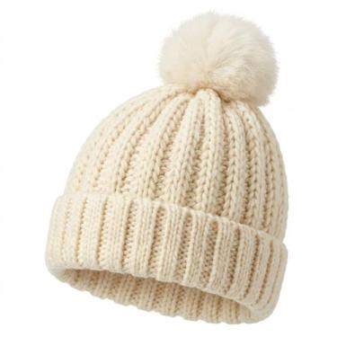 Imagem de Touca Gorro Lã Inverno Pompom Feminino Tricotado Forrado Creme - Taime
