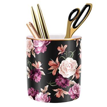 Imagem de Suporte de caneta WAVEYU para mesa, copo de lápis para mesa, organizador de mesa de cerâmica durável, suporte de pincel para maquiagem, design de mármore dourado, suporte de lápis, para escritório, sala de aula, Cute Fashion Flower