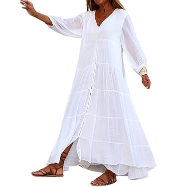 Imagem de UIFLQXX Vestido feminino de retalhos de cor sólida manga longa gola V solto de algodão e linho vestido de coquetel vestido evasê, Branco, GG
