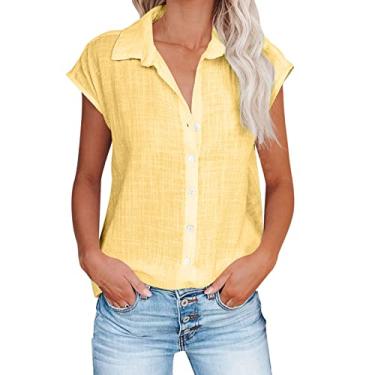Imagem de Camisetas femininas de linho gola alta para inverno outono manga curta caimento solto cardigã longo camiseta feminina 2024, K-288 Amarelo Mostarda, 3G