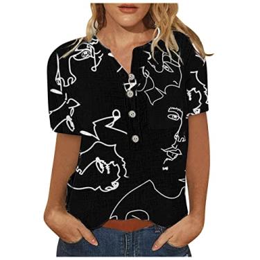 Imagem de Camisetas longas com estampa floral folgada para mulheres outono verão manga curta gola V camisa de linho feminina 2024 Y2K, W-513 Preto, XG