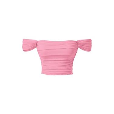Imagem de OYOANGLE Camisetas femininas de manga curta com acabamento em alface franzida, ombros de fora, cor lisa, caimento justo, rosa, P