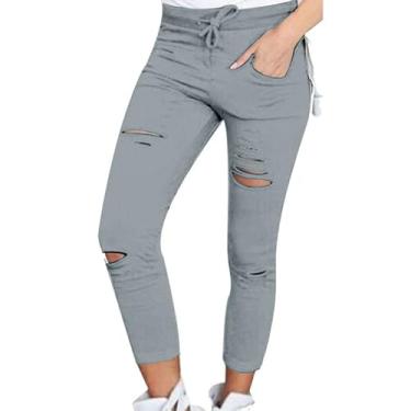 Imagem de Calça jeans cropped feminina moderna stretch cintura elástica folgada curvilínea jeans cropped jeans capri solto, Cinza, XXG
