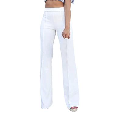 Imagem de Calça flare feminina plus size cintura alta jeans de verão calça social de algodão leve para trabalho, Branco, GG