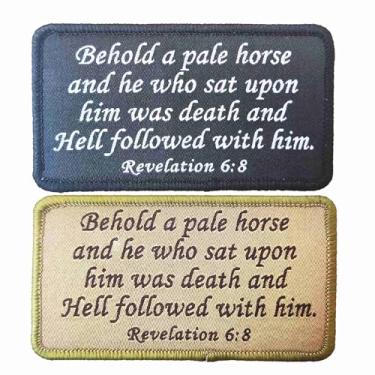Imagem de Patch bordado com versículo bíblico, Apocalipse 6:8 Patch tático de moral, Behold A Pale Horse and He Who Sat Upon Him was Death Bordado Hook & Loop Bíblia Patch