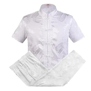 Imagem de Roupa masculina chinesa tradicional para homens calças masculinas camisas orientais Cheongsam Tang Top, Conjunto curto branco, P