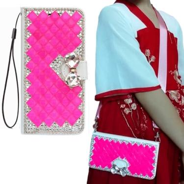 Imagem de HFICY Capa feminina de couro tipo carteira brilhante com protetor de tela de vidro, capa de telefone flip de couro brilhante com cordões transversais (laço de pedras rosa choque, para TCL 50 SE)
