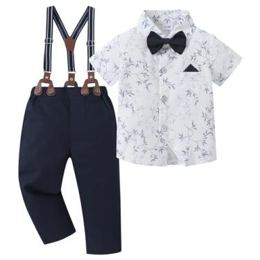 Imagem de Roupas infantis para meninos, camisa social + gravata borboleta + calça suspensória, roupas de casamento para cavalheiros de 1 a 10 anos, Azul-marinho curto, 6-7 Anos
