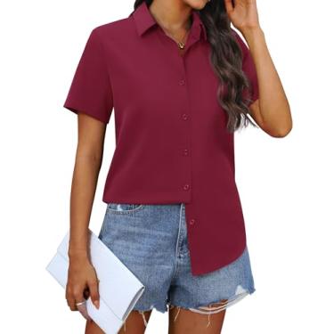 Imagem de siliteelon Camisas femininas de chiffon de botão de manga curta para mulheres, casuais, abotoadas, blusas, Borgonha, 3G