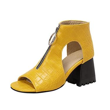 Imagem de Sandálias femininas cunha moda feminina cor sólida couro oco bico aberto grosso salto alto zíper frontal sandálias romanas, Amarelo, 7