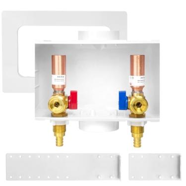 Imagem de HeSun Caixa de tomada para máquina de lavar roupa (Laundry), entrada de crimpagem de 1/2 polegada x saída MHT de 3/10.2 cm, caixa de lavadora Pex com dreno duplo central, com prendedor de martelo de