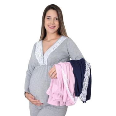 Imagem de Kit Camisola + Pijama Amamentar  Barato Maternidade - Doce Mamãe, Azul
