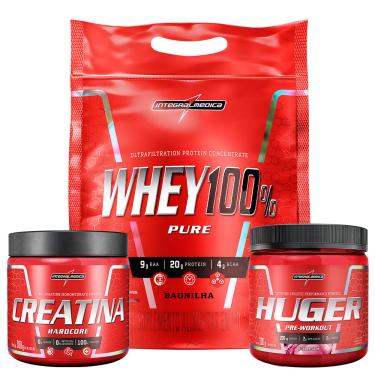 Imagem de Pack Whey 100% 900g Pouch Baunilha + Creatina 100% Pura 300g + Huger 320g Bubble Gum Suplementação completa
