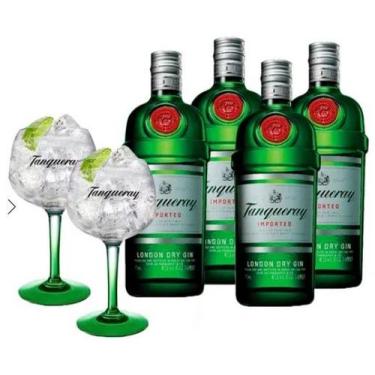 Imagem de Combo 4x Gin Tanqueray Dry 750ML + 2 Taças de Vidro Tanqueray