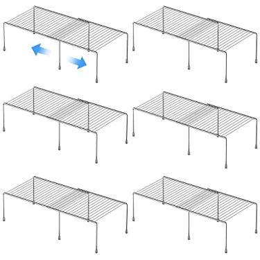 Imagem de GEDLIRE Conjunto de 6 organizadores de prateleira expansíveis para armário de cozinha, prateleiras de armazenamento de despensa de arame de metal ajustáveis, rack organizador de pratos para armários, armários, balcão, freezer, bancada, cromada