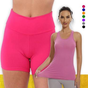 Imagem de Kit Conjunto Fitness SHORT Legging BÁSICO Cós Alto +  Regata Malha Fri