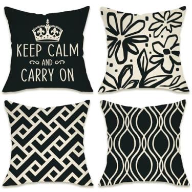 Imagem de Fahrendom Keep Calm and Carry on Capas de almofada decorativas 45,7 x 45,7 cm, conjunto de 4, fronha inspiradora geométrica preta e branca para ambientes externos, capa de almofada de sofá de flores