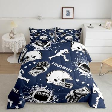 Imagem de Feelyou Jogo de cama solteiro com tema de futebol americano, para crianças, meninos, rugby, conjunto de edredom azul marinho, 2 peças