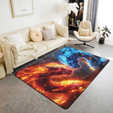 Imagem de Erosebridal Tapetes de dragão de fogo de gelo para sala de estar, 12 x 18 cm, tapete de piso interno para sala de jantar sob a mesa, tapete hippie de dragão gótico, tapete decorativo azul laranja