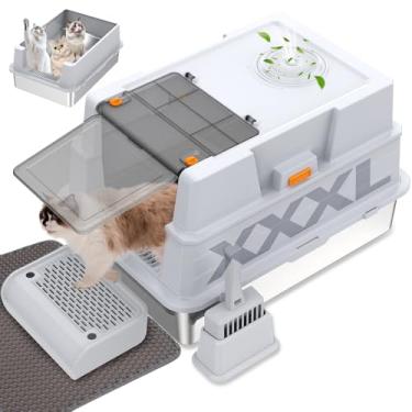 Imagem de GOYJOY Caixa de areia de aço inoxidável XXXL com tampa, caixa de areia de metal fechada XXXL para gatos grandes, vários gatos, com colher de areia e pedal de pé e tapete de areia, controle de odor