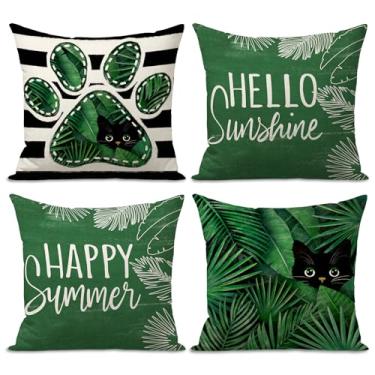 Imagem de FUYUCHEN Capas de almofada Hello Sunshine Happy Summer 45,7 x 45,7 cm, folhas de palmeira, listras, estampa de pata de gato, verde, decorativas, férias, decorações sazonais, fazenda, para sofá e sofá