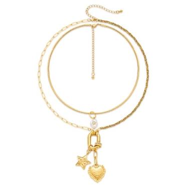 Imagem de INNERDIVA Colares em camadas para mulheres, colar de 2 peças com comprimentos ajustáveis, pingente de coração pentagrama, joias presentes, Zinco, Sem Pedra Preciosa