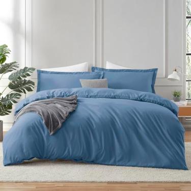 Imagem de Hearth & Harbor Blue Heaven Capa de edredom com lençol de elástico tamanho casal – Conjunto de cama macio escovado de 4 peças, inclui 1 capa de edredom com fecho de botão, 1 lençol com elástico, 2