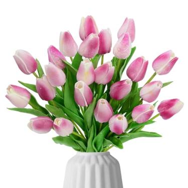 Imagem de 24 peças de flores artificiais de tulipas vermelhas rosas, flores artificiais de seda de 34 cm, tulipas falsas para primavera, dia das mães, Páscoa, dia dos namorados, presentes em casa, cozinha