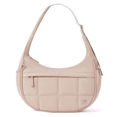 Imagem de POIUGOYA Bolsa de ombro de nylon para mulheres, pequena bolsa crescente acolchoada, bolso com zíper triplo, mini bolsa fofa para viagem/fitness/atividades ao ar livre, Caqui, Casual