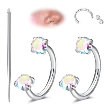 Imagem de MODRSA Anel de nariz de ferradura de prata 18 g Anel de nariz de sapato de cavalo para mulheres argola de aço cirúrgico meia argola argolas duplas tragus aros labret lábio hélice piercing joias anéis