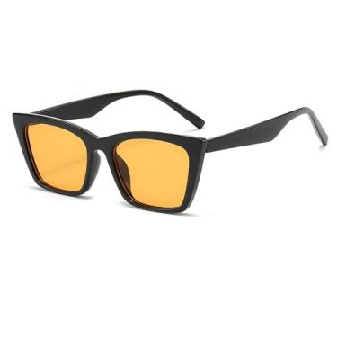 Imagem de Azoxus Óculos de sol vintage olho de gato para mulheres, moderno, retrô, quadrado, clássico, estreito, cateye sunnies, Armação preta/lente amarela, Small