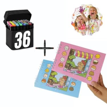 Imagem de Conjunto Caderno Kit Bob.Goods Livro de Colorir Infantil Adulto Capa Dura 50 Folhas A5 Aspiral Papel 180g + 36 Canetinhas Cores Caneta Canetas Touch Ponta Dupla Marcador Permanente - Kit Criativo Fofo Para Estimular Good Desenvolvimento e Aliviar o Estresse (Rosa)